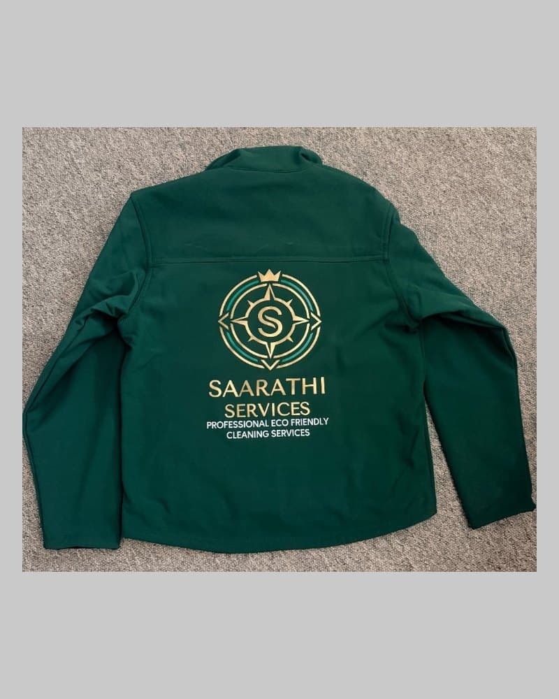 Back of the Saarathi Services jacket with the team logo